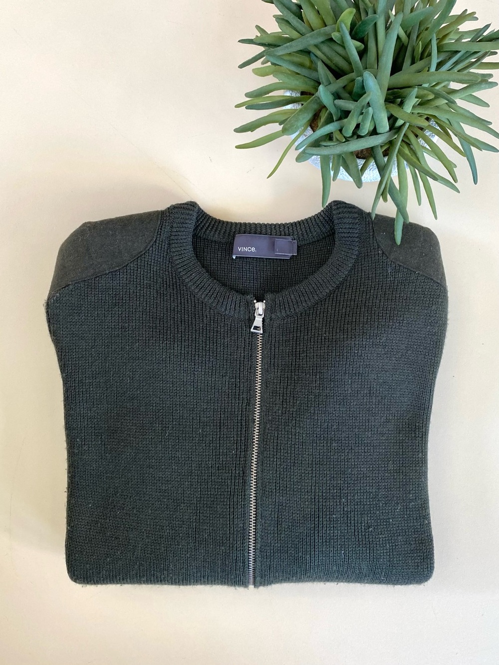 VINCE - Dark Olive Green Zip-Front Knit Sweater